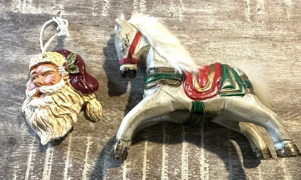 Vintage Santa Face Ornament & Hand Painted Wooden Horse